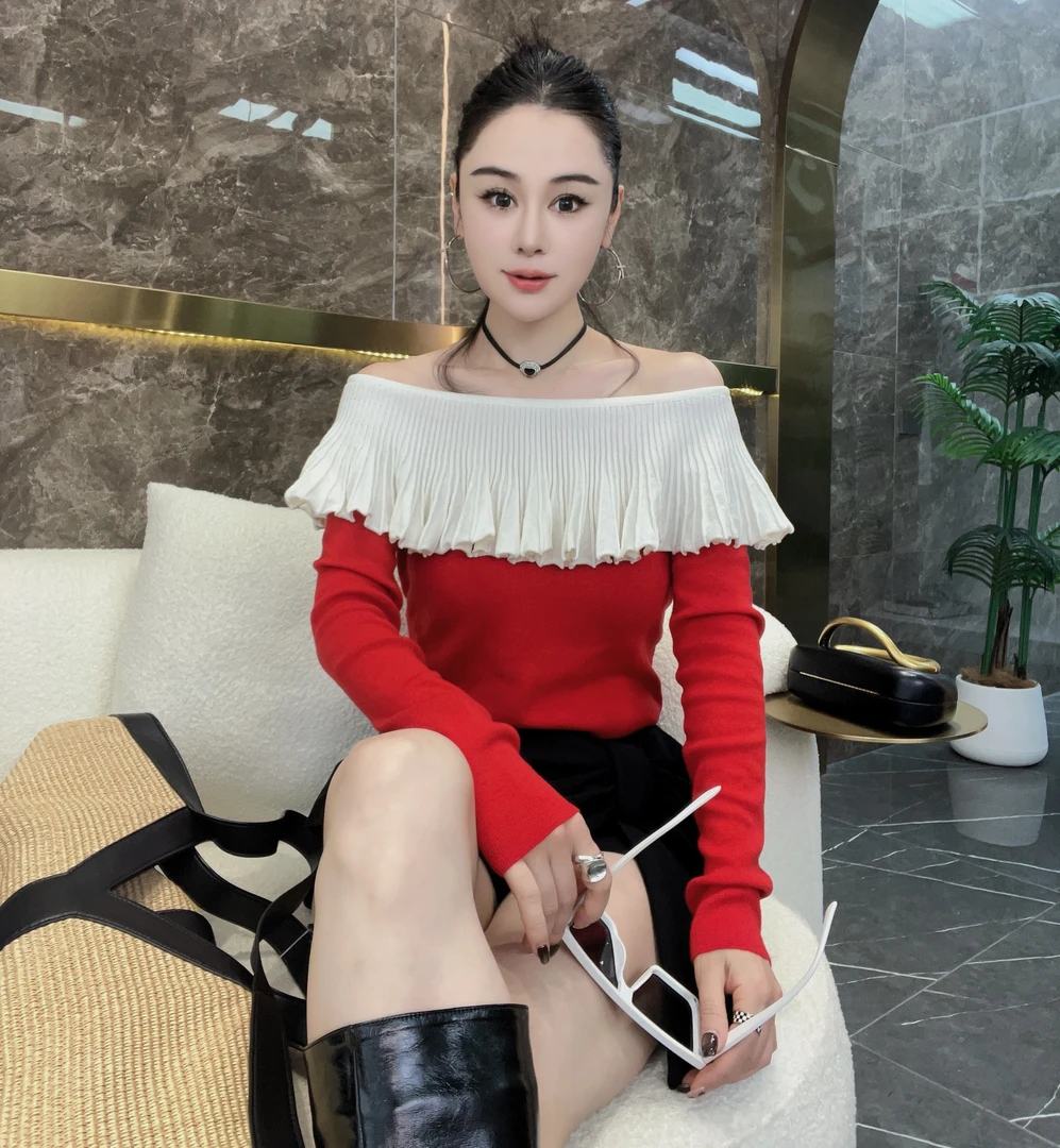 2025新款显瘦荷叶边一字肩时尚针织上衣80079#