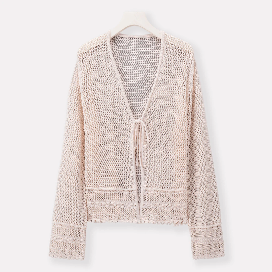 波西米亚风天丝亚麻系带针织钩花镂空 空调防晒罩衫8582