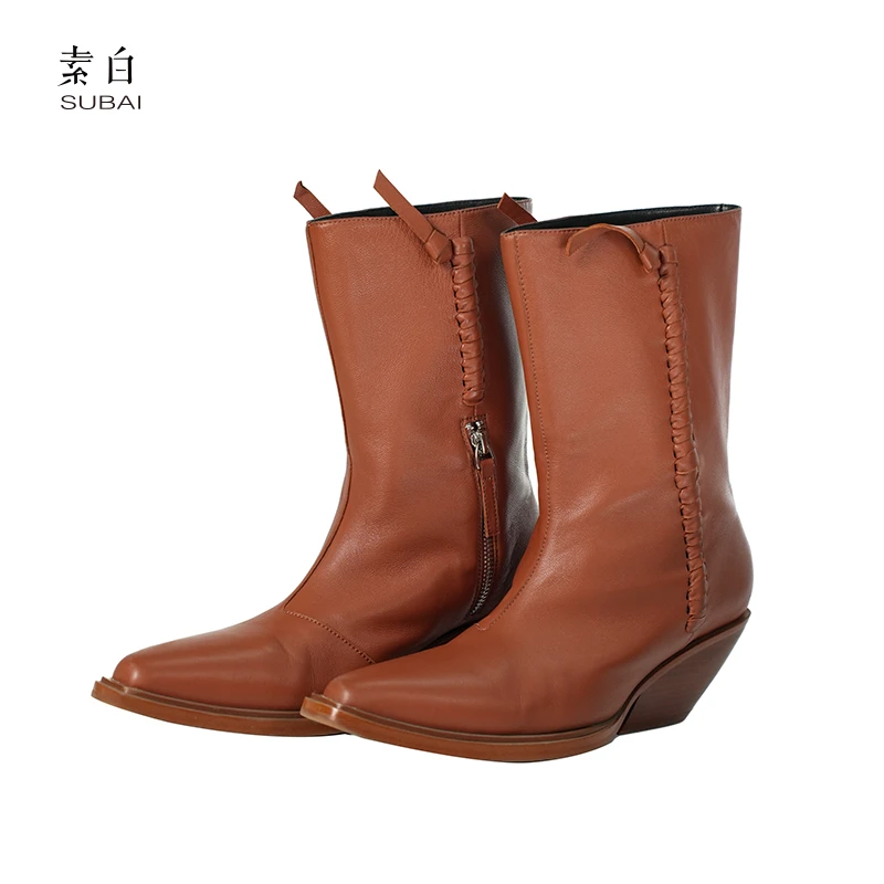 素白马乖802811秀款时髦百搭潮流尖头中长短靴