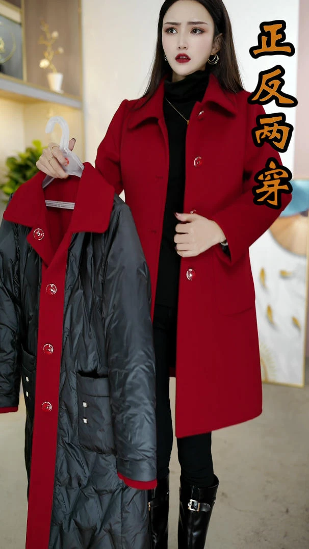 25年秋冬保暖羊毛大衣外套加厚双面双穿女装外套妈妈装显瘦毛呢