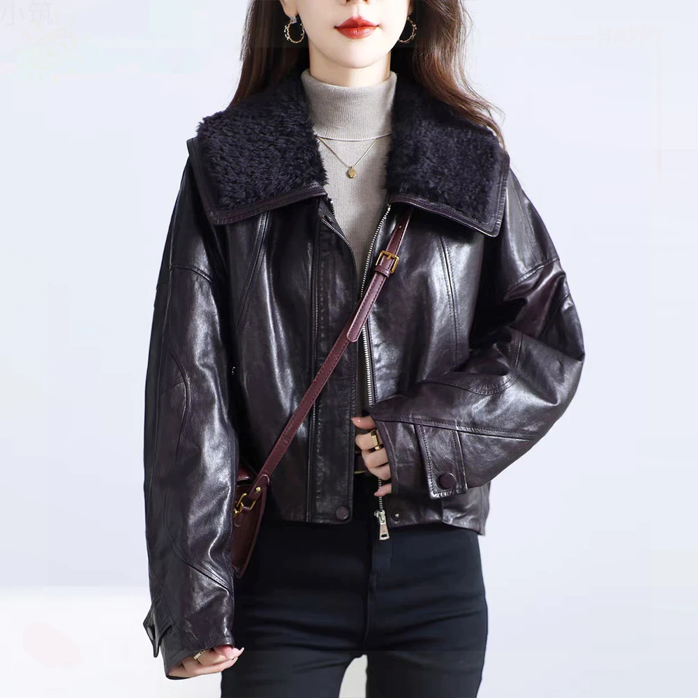高端皮羽绒服25冬季商务通勤羊剪绒大翻领酷飒加厚保暖鸭绒外套