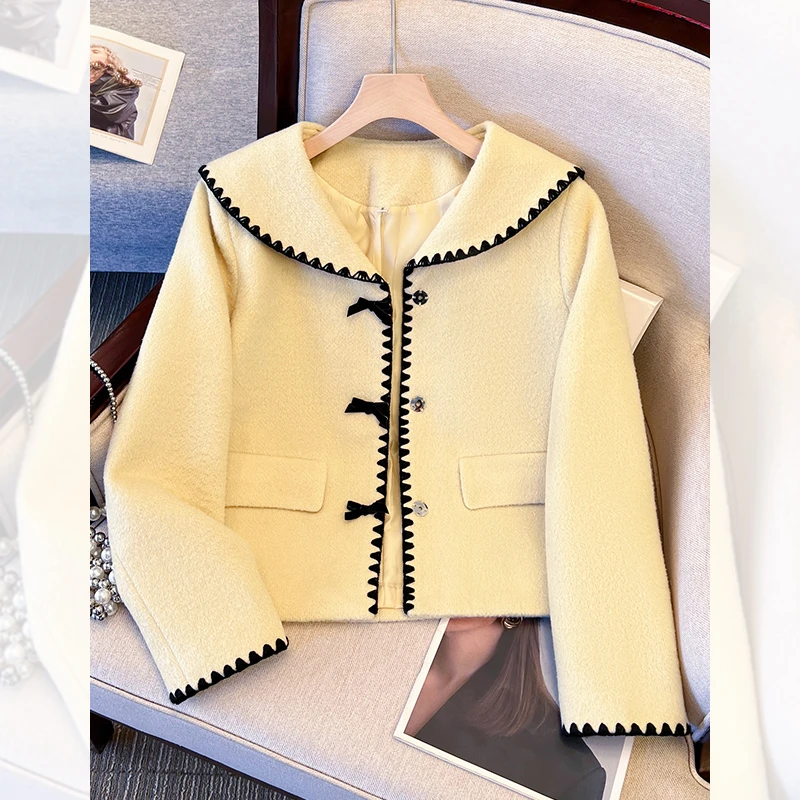 黄色短款毛呢外套女2025新款秋冬独特超好看小个子娃娃领呢子上衣