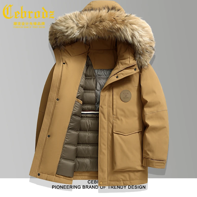 法国Cebrodz男士毛领羽绒服休闲防钻绒中年保暖羽绒服连帽外套潮