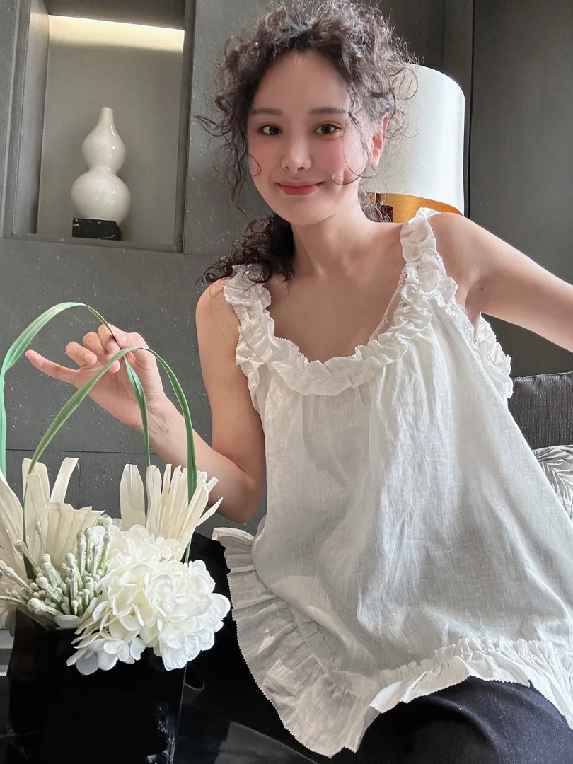 现货LILULU 木耳边背心 亚麻中长款白色纯色无袖性感韩版法式宽松