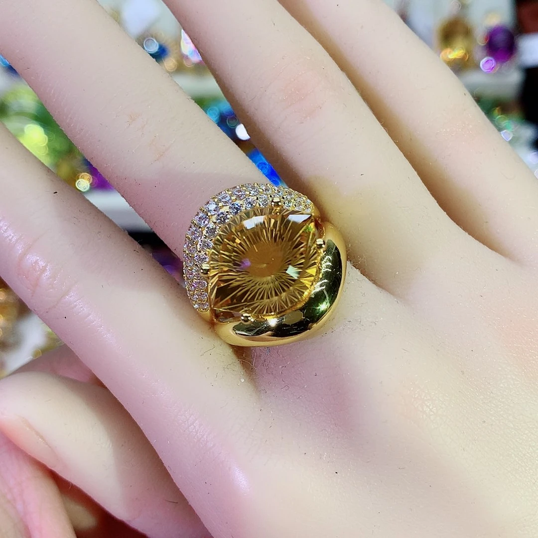 水晶戒指银S925镀金镶嵌