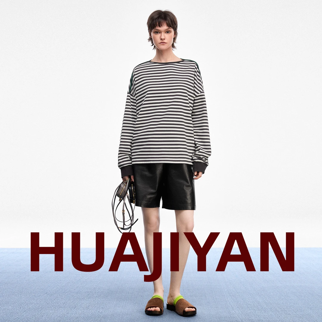 华吉言/HUAJIYAN【绿芽】长绒棉撞色落肩经典圆领条纹上衣