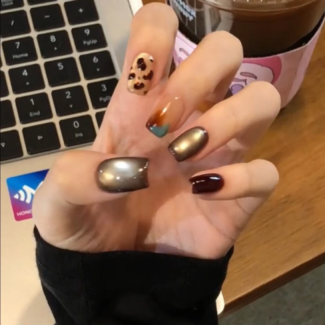 【琥珀棕豹纹】秋冬短款显白琥珀渐变咖色豹纹猫眼高级感穿戴甲片