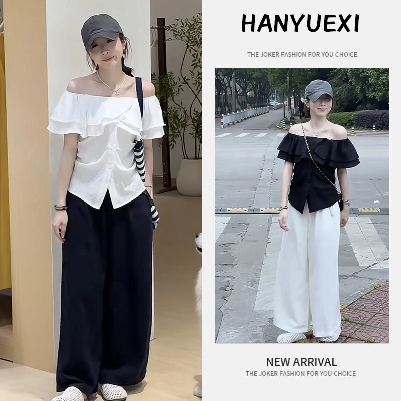 夏季时尚一整套女装2025新款韩系一字肩短袖衬衫高腰阔腿裤两件套