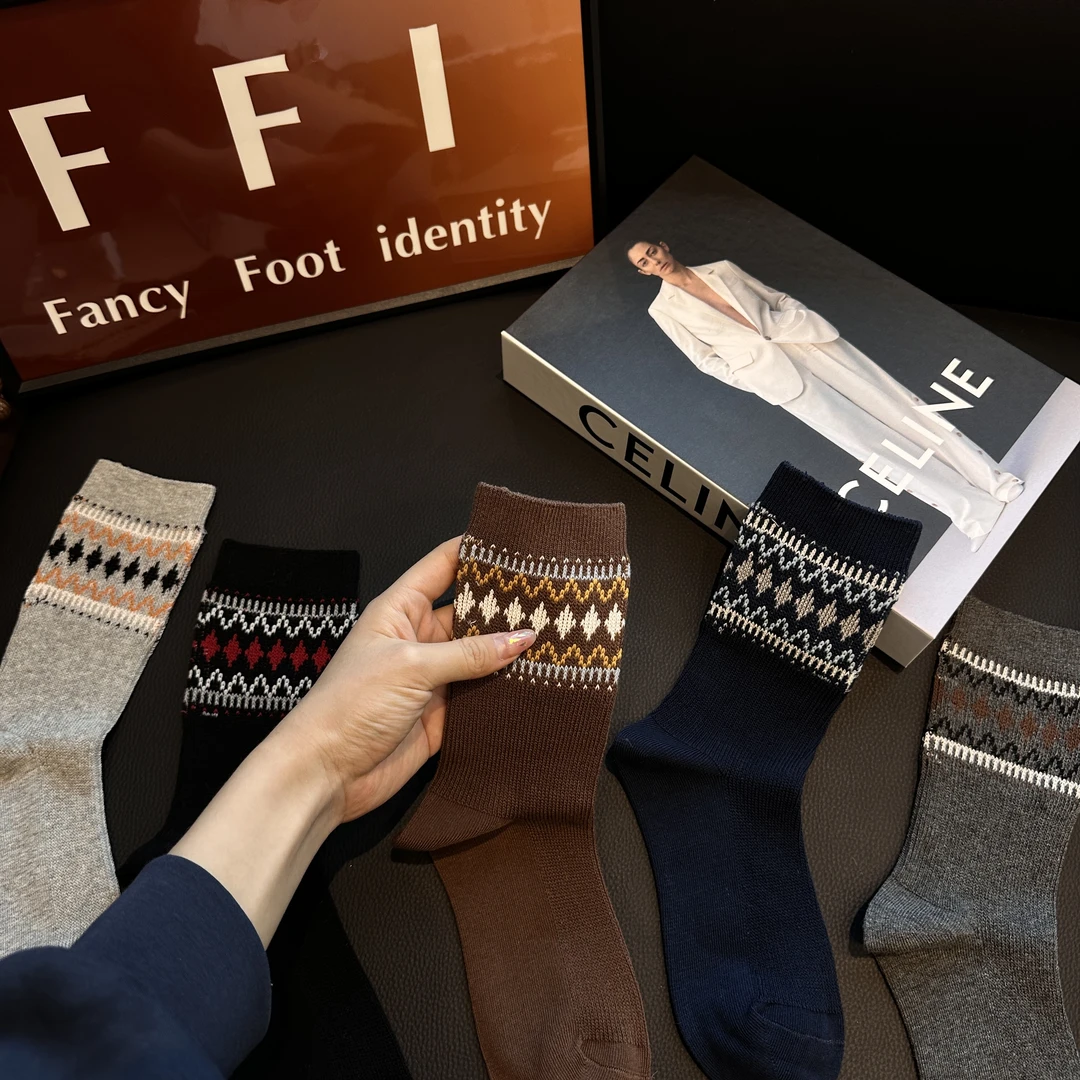 FFI(5双)秋冬费尔岛复古民族风保暖双针双路棉袜百搭勃肯鞋雪地靴
