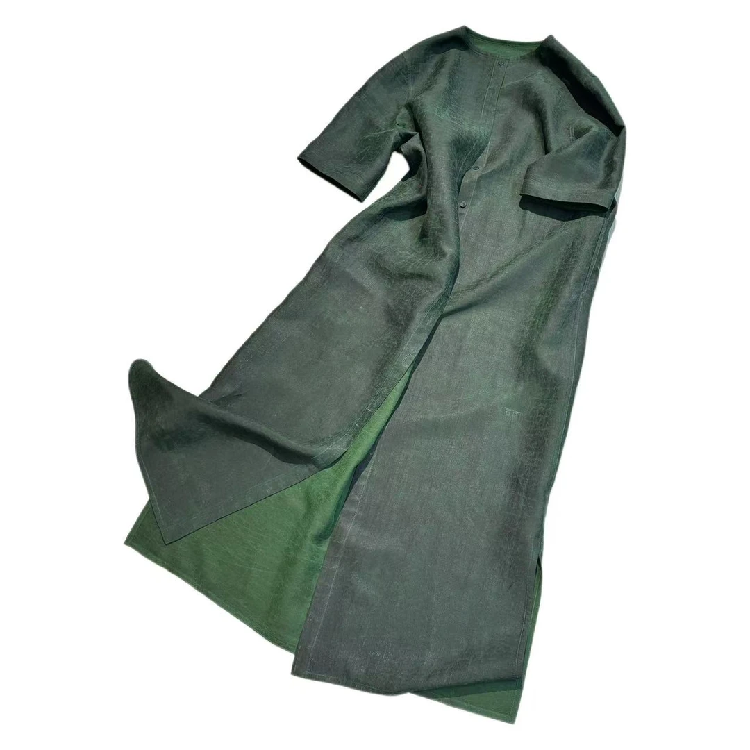 【正阳翡翠绿】40姆米缎龟重磅香云纱高级大气风衣连衣裙