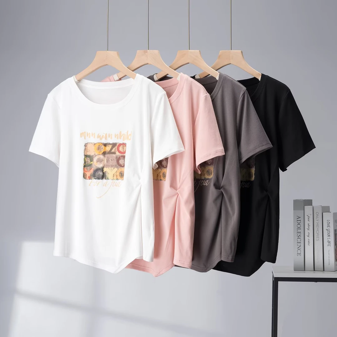 夏季大码女装胖MM油画洋气印花圆领时尚弹力短袖T恤女士减龄上衣