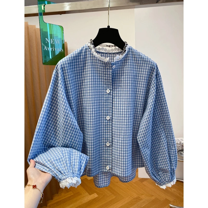7903蓝色小格子衬衫女2025春季宽松短款洋气减龄小清新灯笼袖上衣