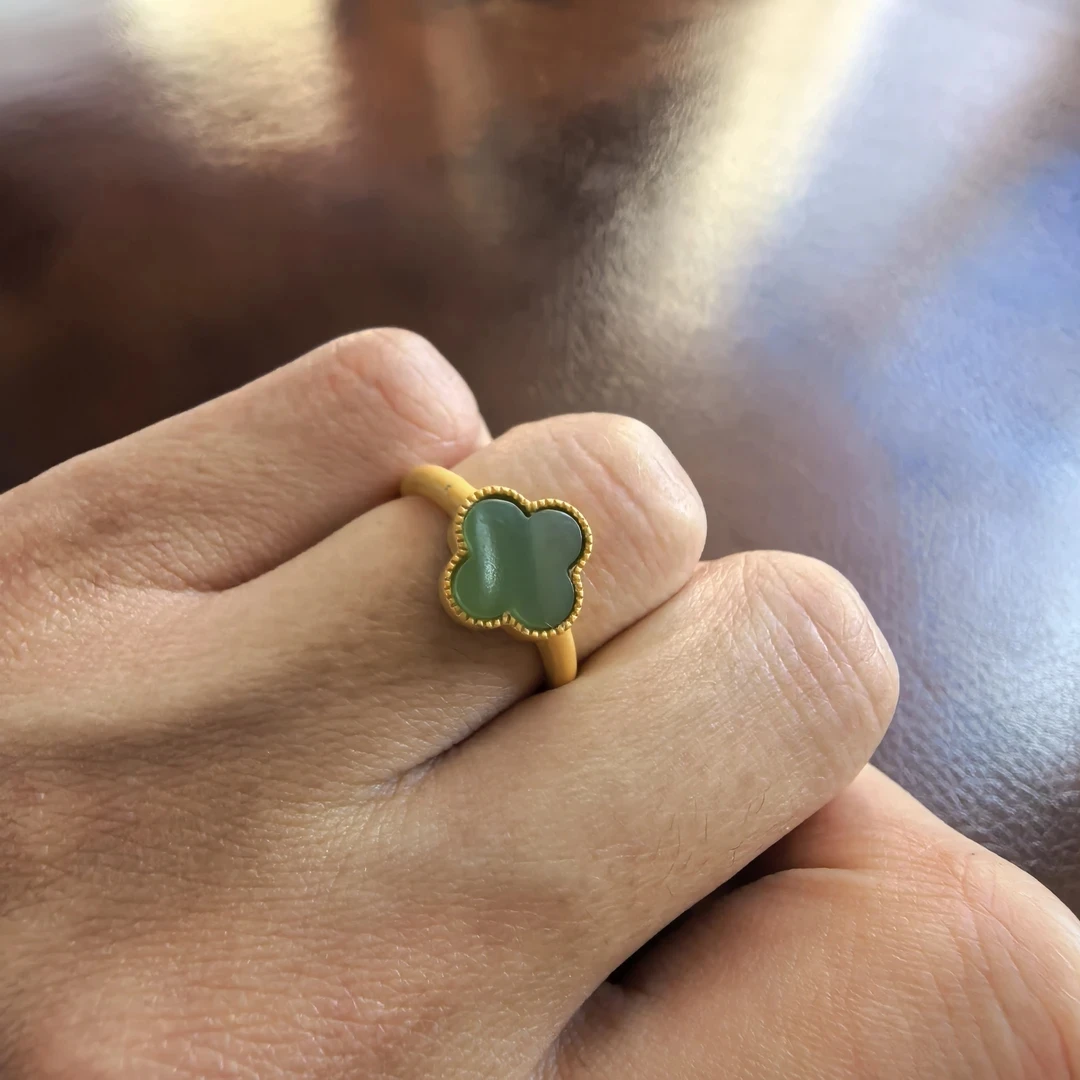 天然精品碧玉银镀金戒指 女显白特色款国风