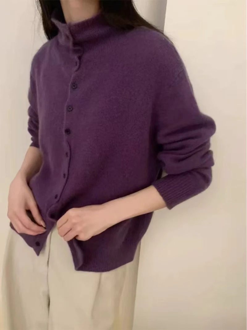 不规则扭扭门襟单排扣纯色8550女立领针织内搭打底