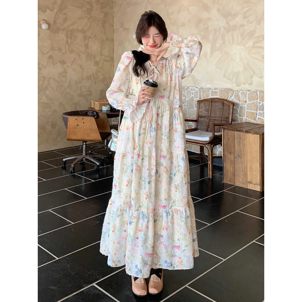 大码胖mm法式独特漂亮碎花长袖连衣裙春季温柔绝美氛围感初恋长裙