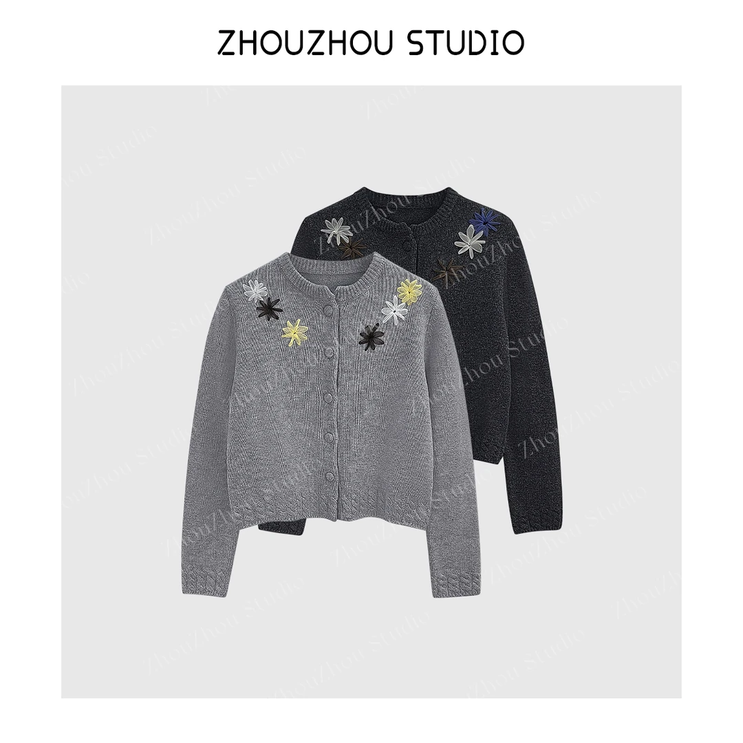 ZhouZhou25秋冬新品 手缝镂空挑洞花毛衣开衫针织外套