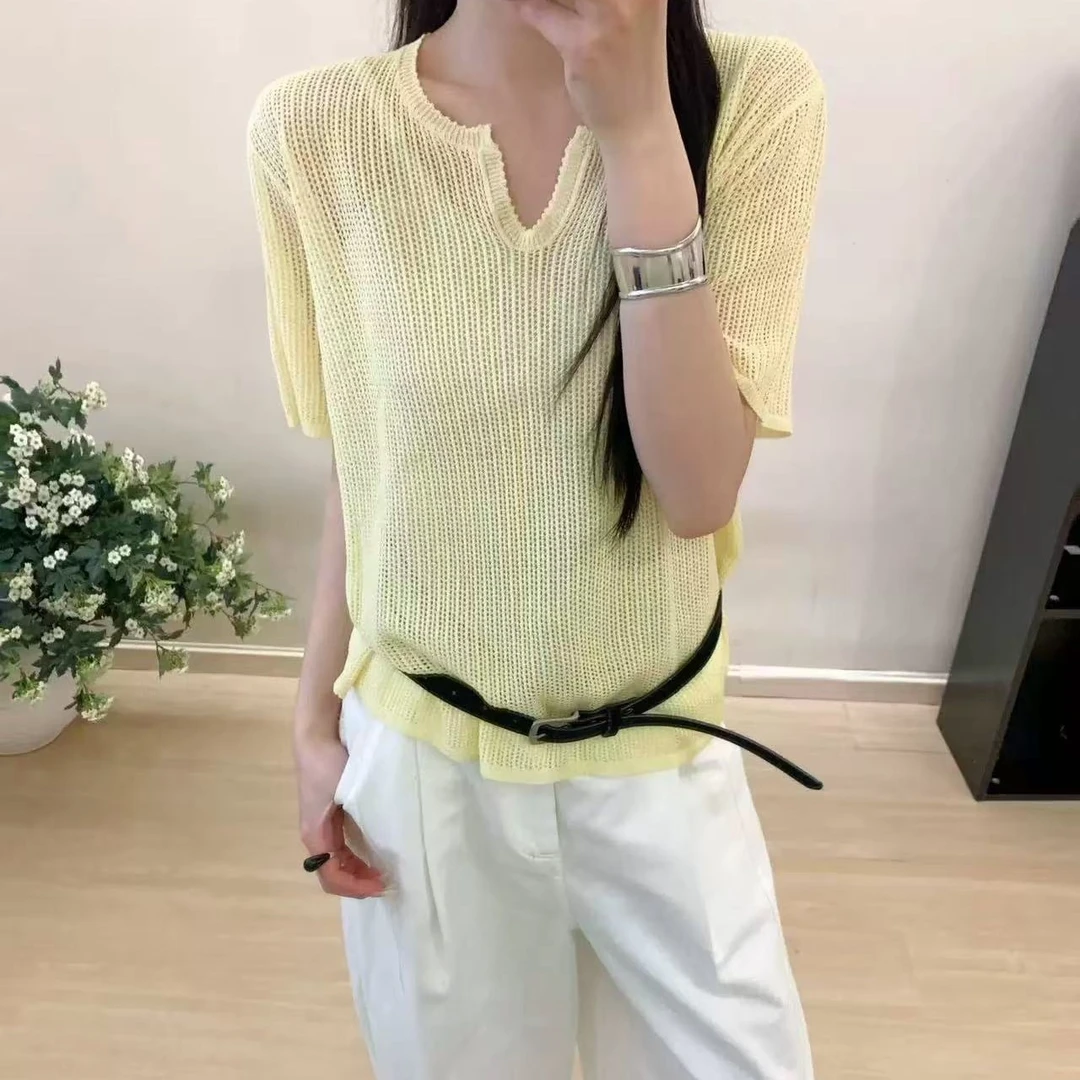 P&C studio 糖果色剪刀领短袖针织减龄上衣