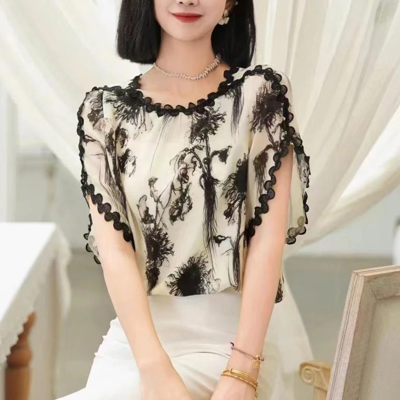 设计感时尚飞飞袖雪纺衫短袖女士装夏季洋气碎花小衫气质宽松上衣
