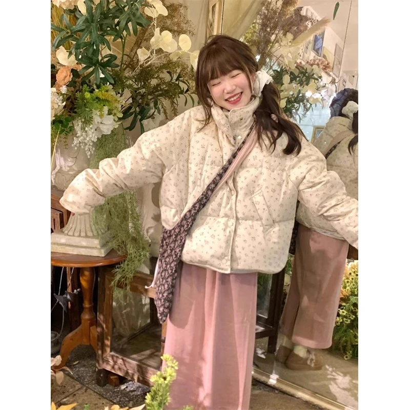 甜美碎花短款面包棉服外套女2024冬季新款奶呼呼立领加厚保暖棉衣