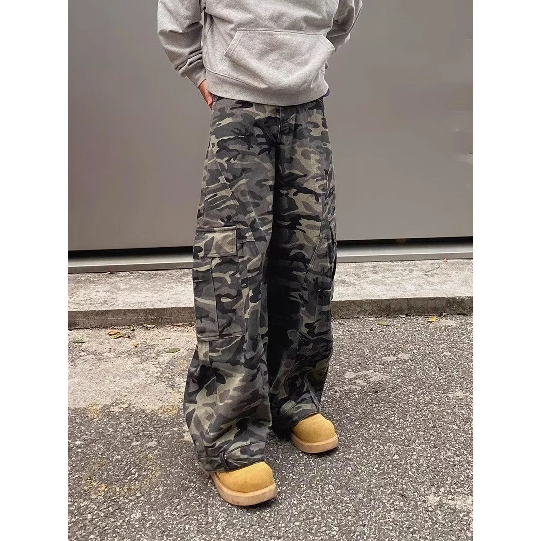 美式复古迷彩阔腿工装裤潮牌宽松反穿设计感弯刀牛仔裤男女情侣裤