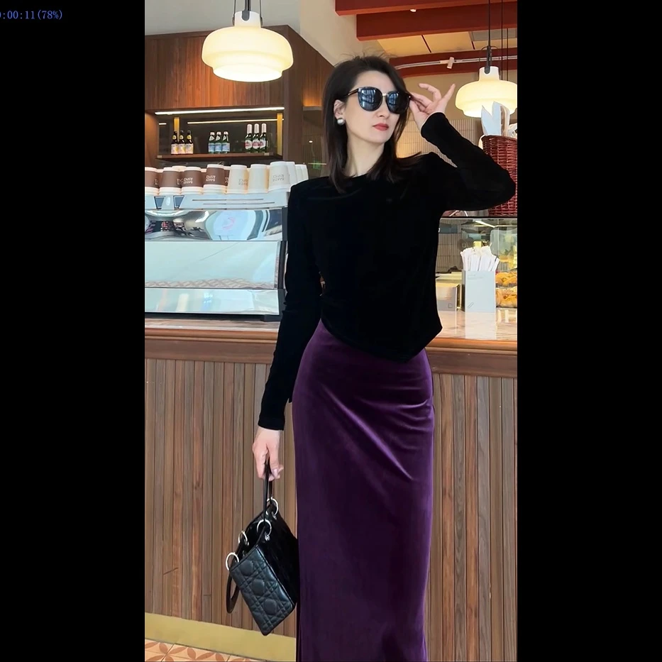 【不开叉】2025年春季新款高腰显瘦时髦百搭修身鱼尾真丝绒半身裙