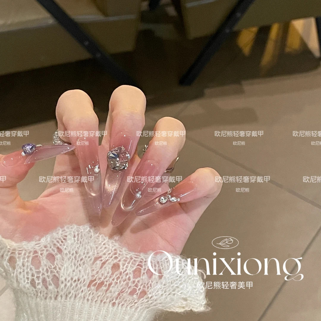 爆闪玫瑰粉金色微笑猫眼温柔堆钻百搭显白穿戴甲