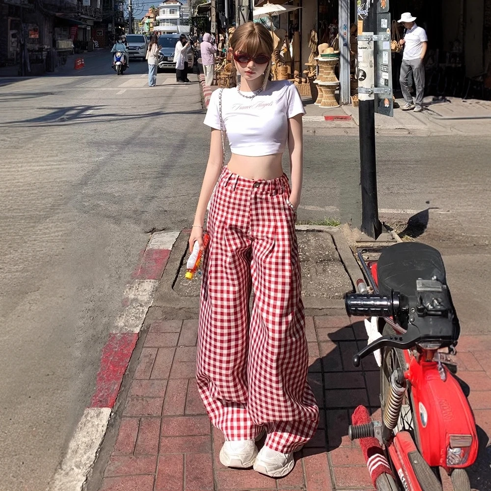 红色洋气慵懒风格子裤女2025夏季新款甜妹复古高腰休闲阔腿裤女潮