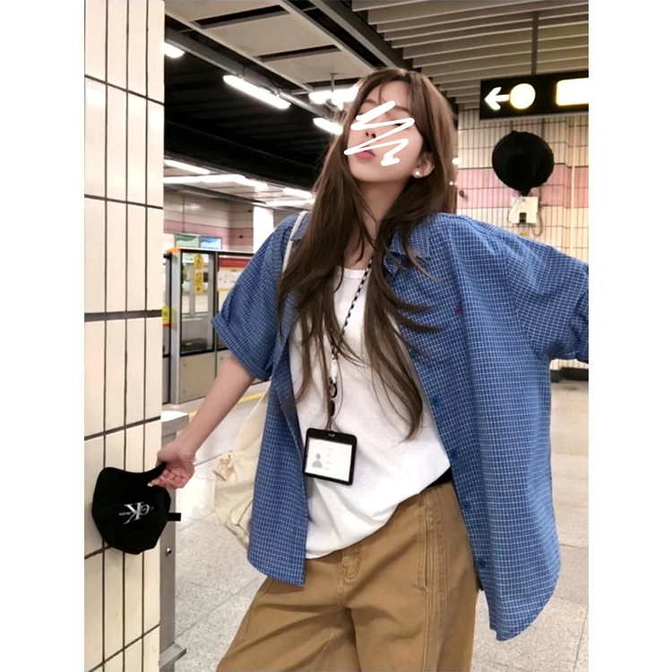 蓝格子短袖衬衫女夏季2025韩系宽松休闲衬衣复古百搭防晒上衣外套