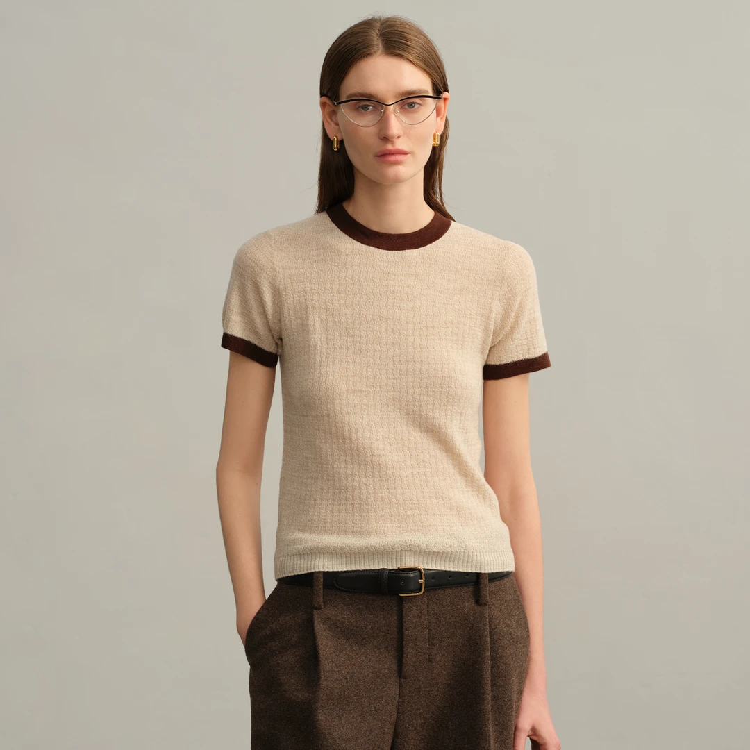 扬子纱精纺超细100纯羊毛短袖女圆领上衣薄款打底衫撞色针织t恤衫