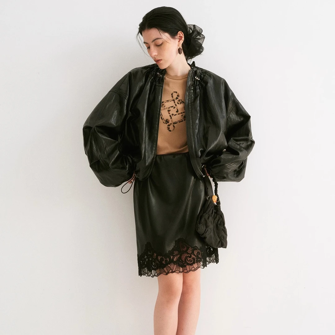 TOPCLOSET 复古机车风  落肩宽松环保PU皮休闲夹克外套7285