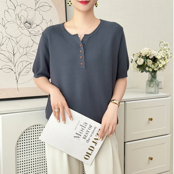 2025夏季慵懒风女士针织衫薄款短袖上衣大码女装时尚洋气减龄爆款