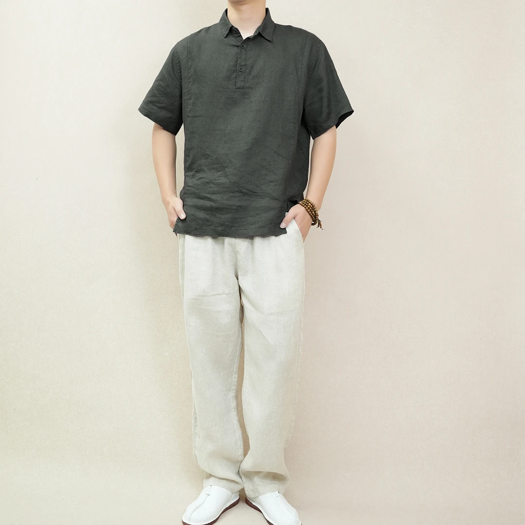 2025夏季新款纯亚麻套装 上衣纯麻polo 裤子直筒休闲裤  清凉套装