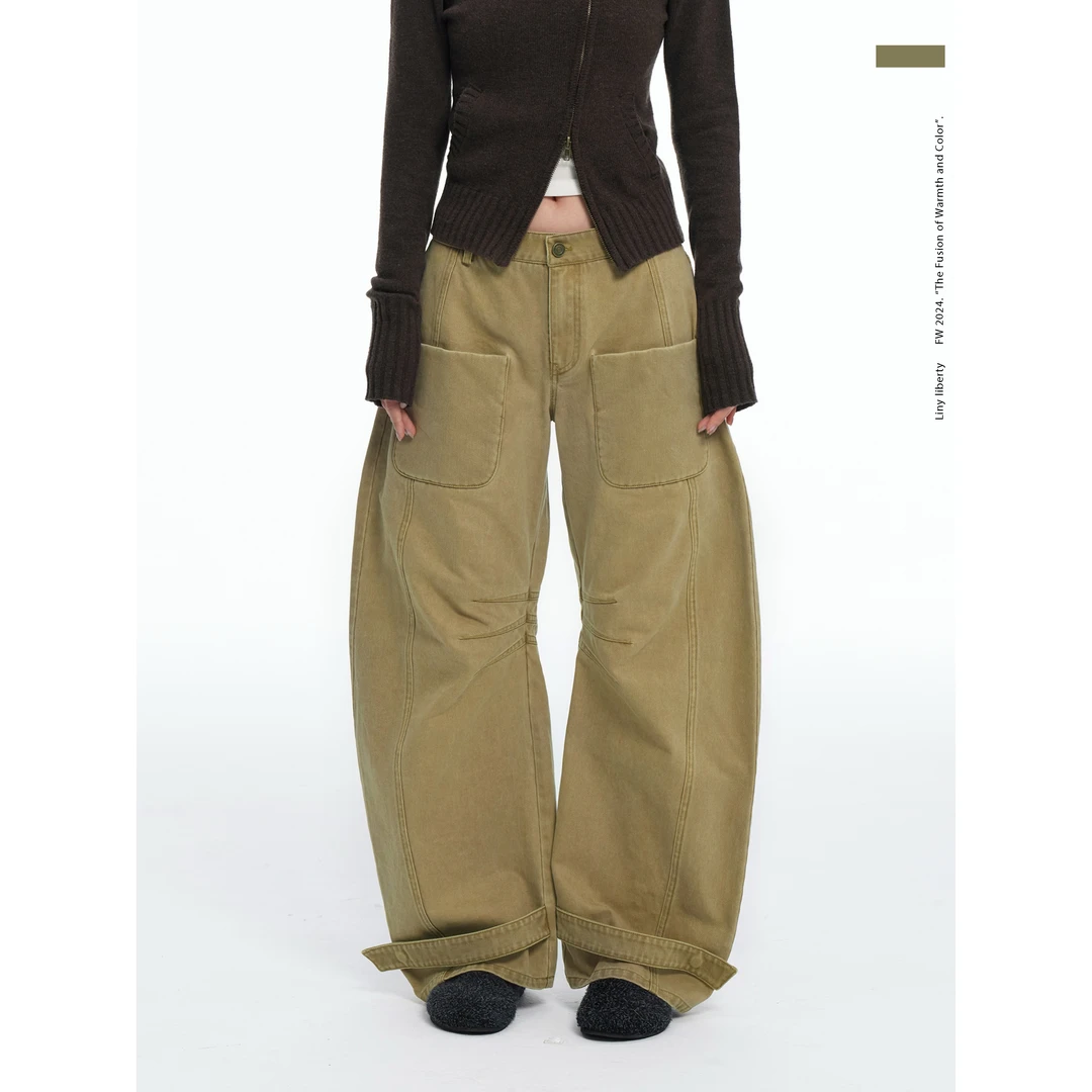 LINY LIBERTY  复古做旧水洗牛仔弯刀长裤E16241003