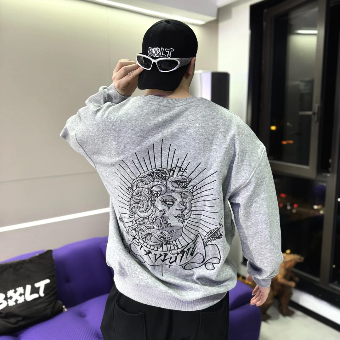 BXLT｜重工刺绣“美杜莎”加绒美式套头长袖秋冬保暖宽松休闲卫衣