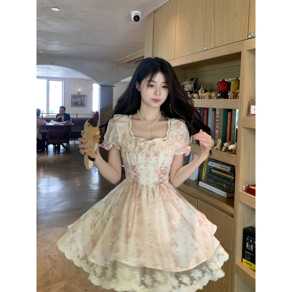 甜美温柔小个子收腰公主蓬蓬裙女夏花边系带感千金短裙子