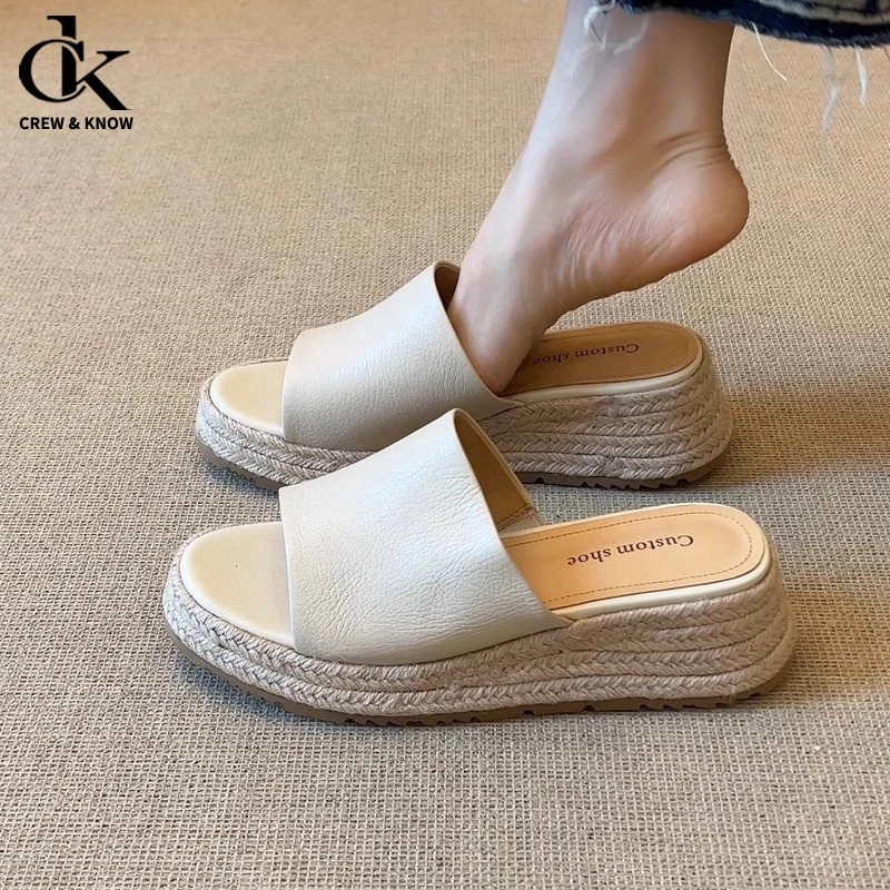 【官方正品】nnmiss/5cm简约头层草编坡跟凉鞋百搭外穿露趾厚