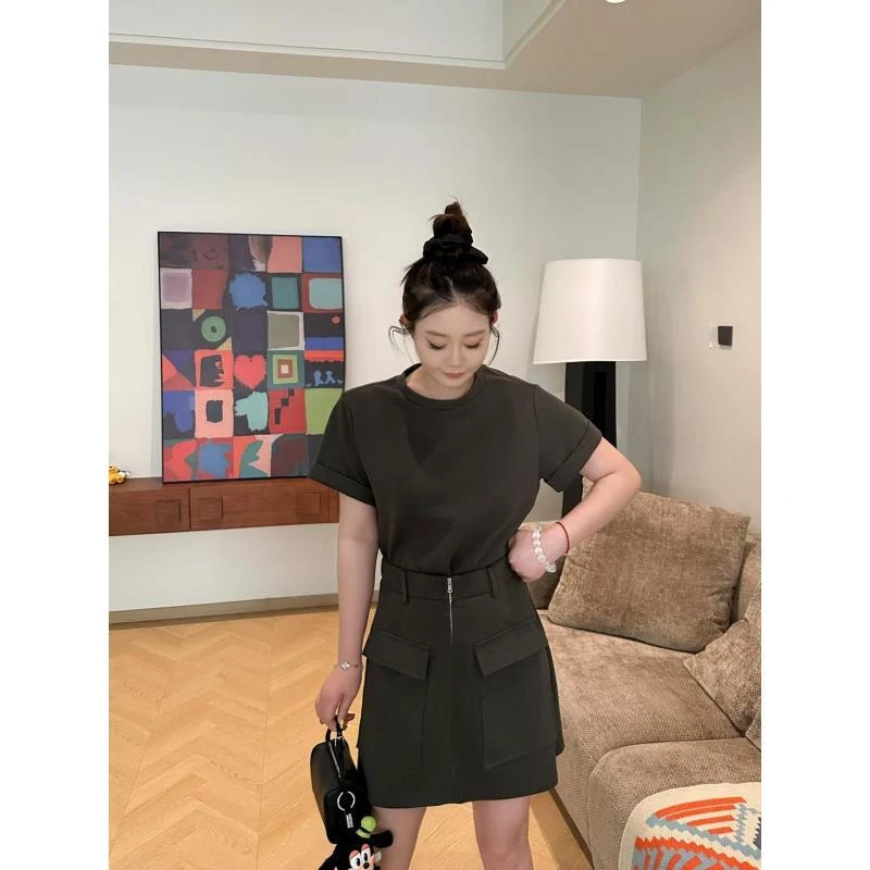 琪琪怪怪大码女装【高智领域】时尚假两件工装短款连衣裙D17034QQ