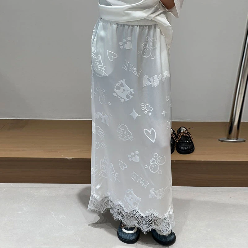 FIZZFLY|25设计师品牌新款裙子夏季真丝印花花边半裙半身裙白色