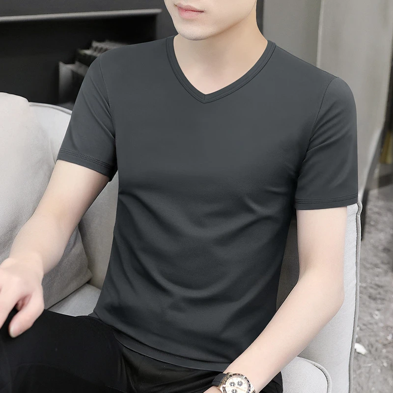 莫代尔夏季男士V领短袖t恤纯色内搭上衣内穿鸡心领冰丝凉感打底衫