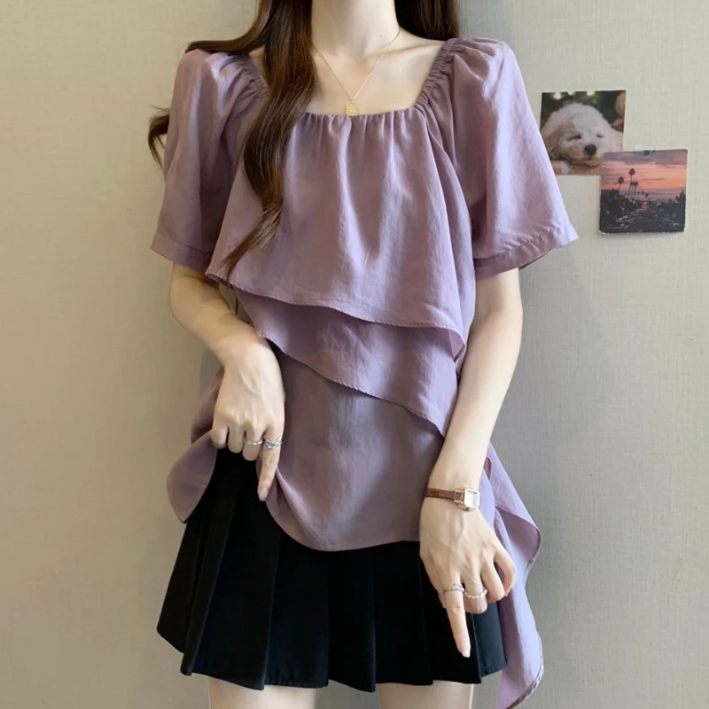 大码女装法式方领设计感层次雪纺衬衫女夏季胖妹妹宽松遮肚子上衣