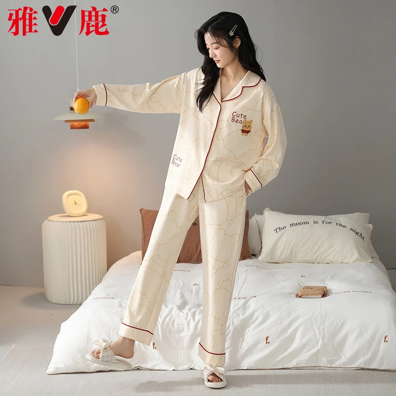 雅鹿睡衣女士套装2025春秋季100%纯棉女款开衫翻领长袖家居服卡通