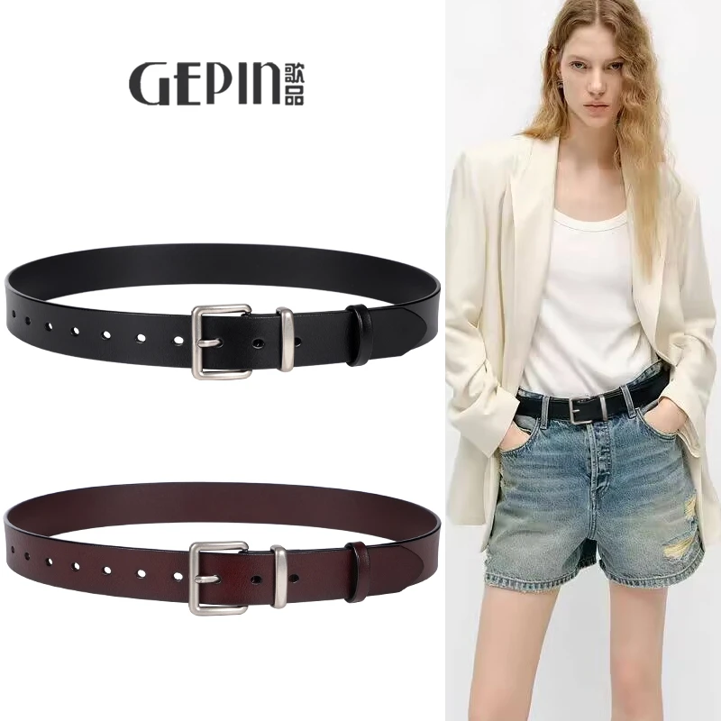 银色针扣金属腰带女款真皮百搭装饰配牛仔裤小众设计感黑色宽皮带