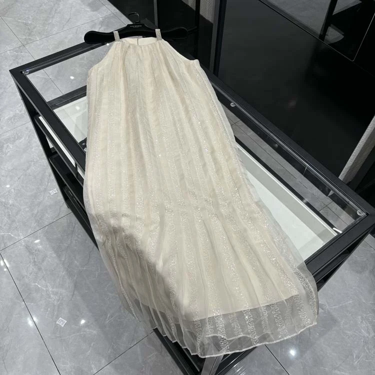 25年春夏新款女装 海边度假绣花珠片条纹吊带网纱裙-25Y1150