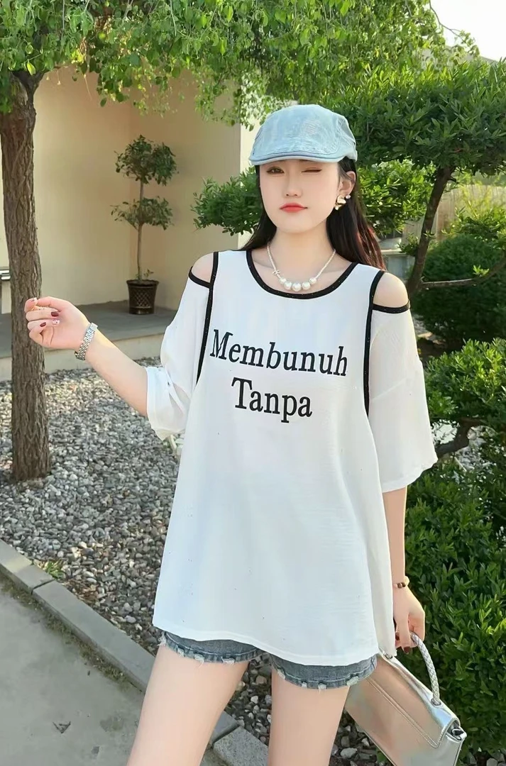 红姐家大码孕妇亮闪闪露肩短袖T恤女宽松遮肚中长款洋气上衣8023