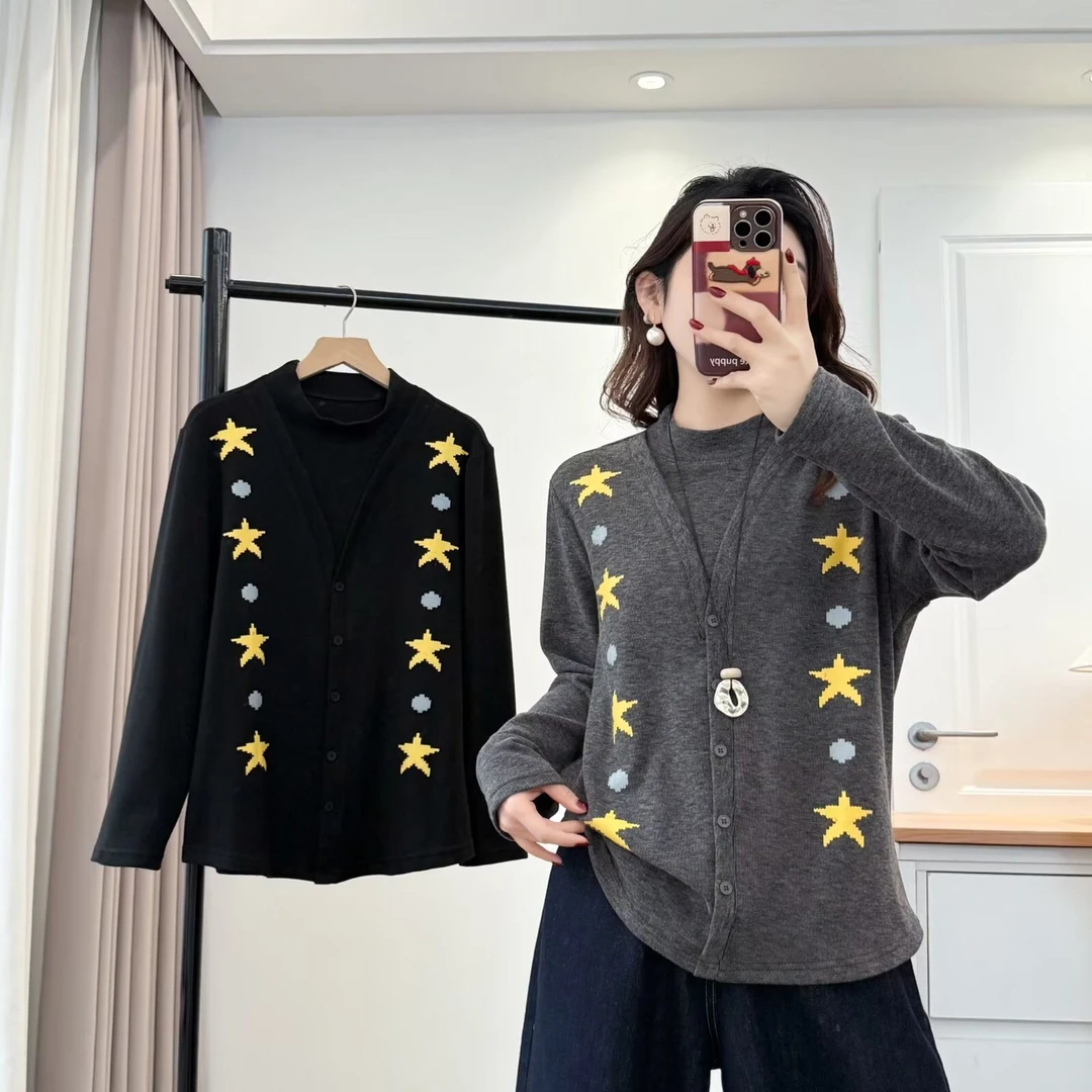 大码胖mm秋冬韩系时尚优雅印花假两件加绒打底衫气质百搭上衣559