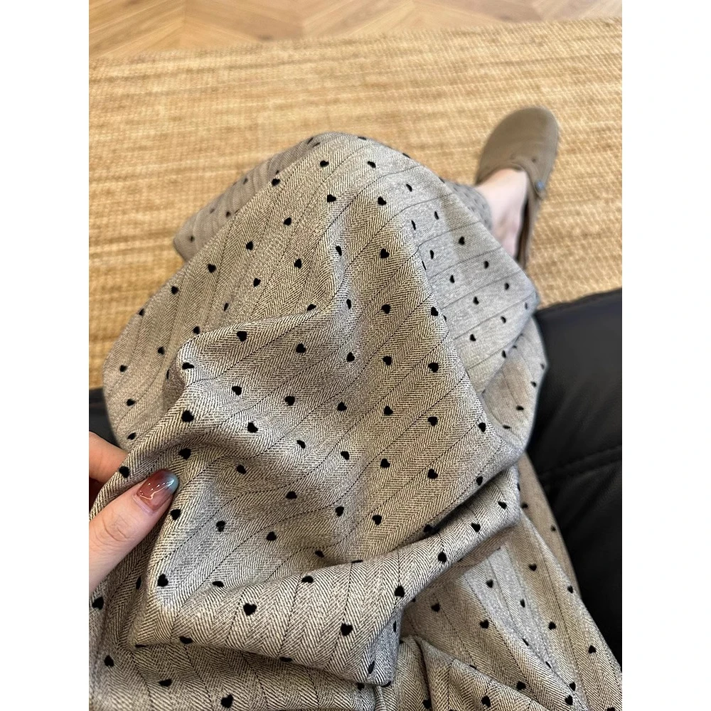 La Chapelle/拉夏贝尔卡其色裤秋季新款松弛感条纹西装裤阔腿长裤