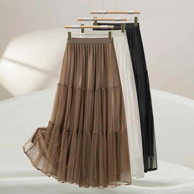 高端网纱半身裙女2025新款春夏白褶垂感纱裙中长款高腰A子裙