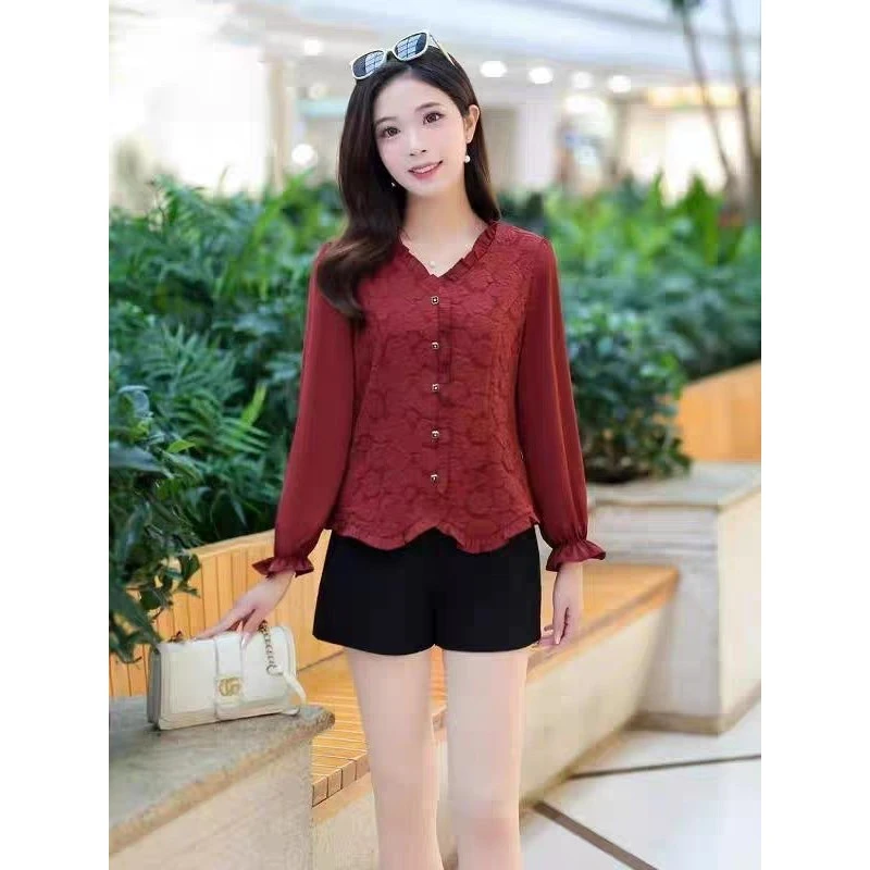 【HX479】同款2025年春季新款减龄拼接韩版长袖衬衫蕾丝拼接打底衫
