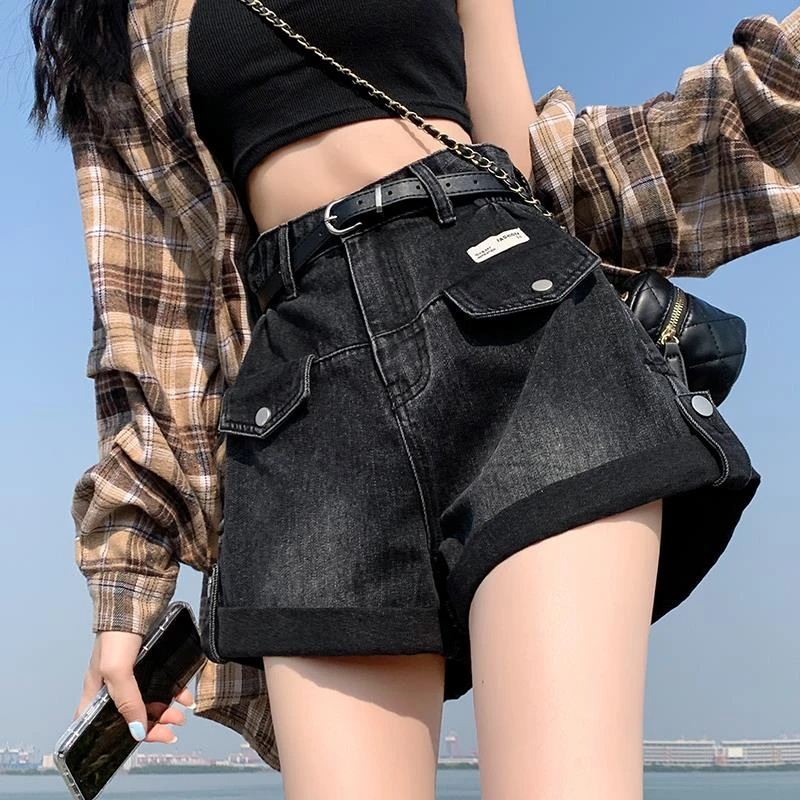 夏季薄款美式卷边工装短裤女梨形身材大码宽松阔腿黑色牛仔裤子