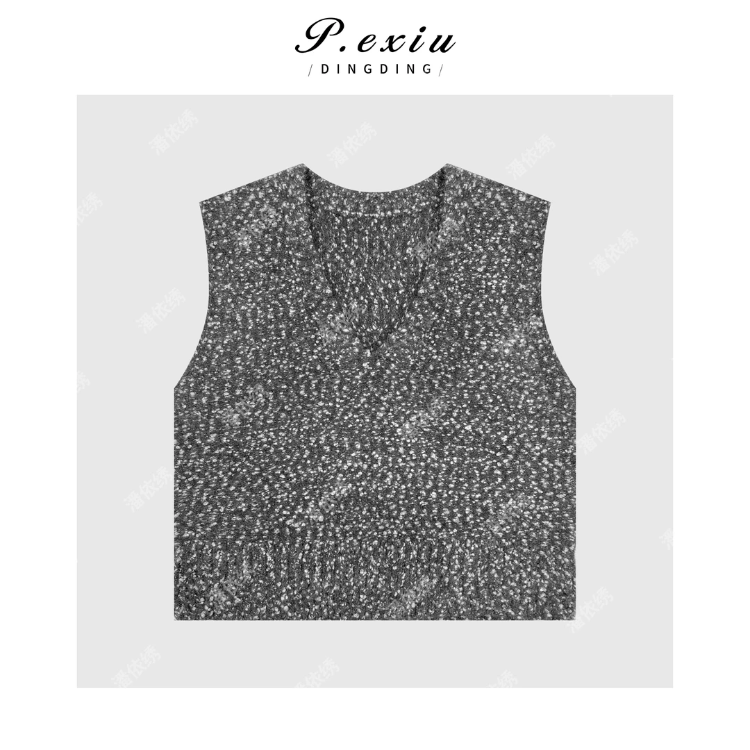 羊驼-毛羊-毛气质高级感花纱V领马甲 L2536